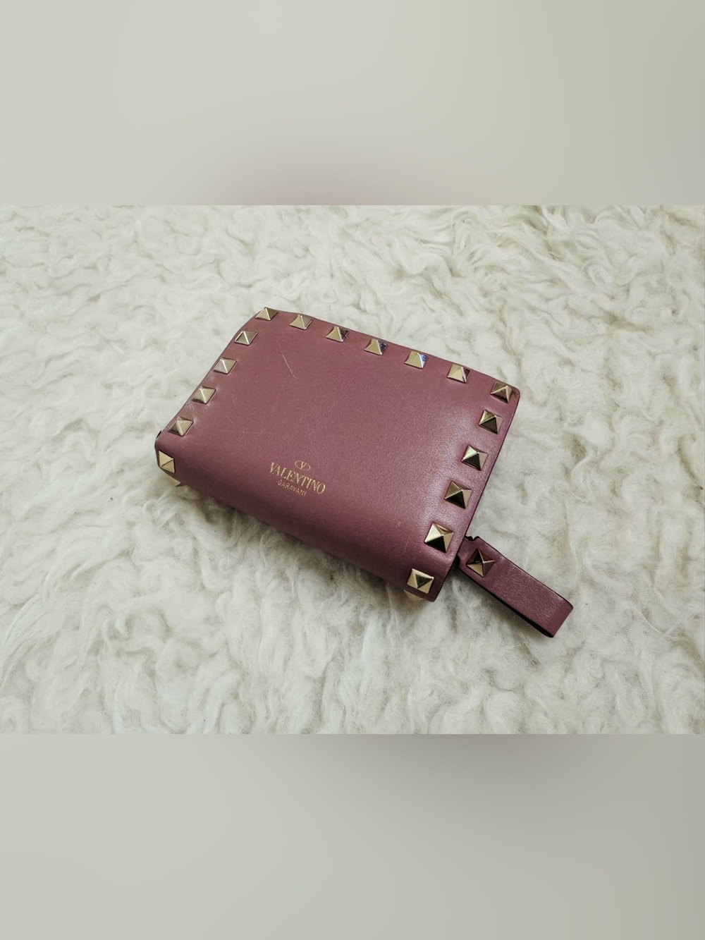Valentino Garavani Studded Leather Zip Wallet in Deep Berry